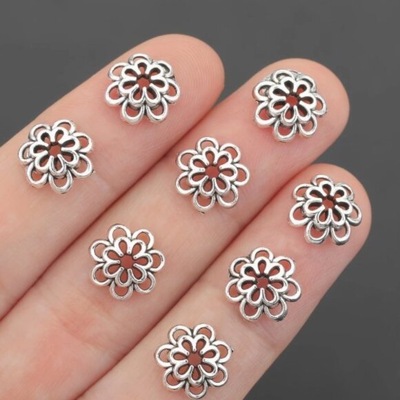 Bead Caps, Double Layer Hollow Bead Caps, Alloy Spacer 7mm Flower Shape 7mm - Picture 3 of 4